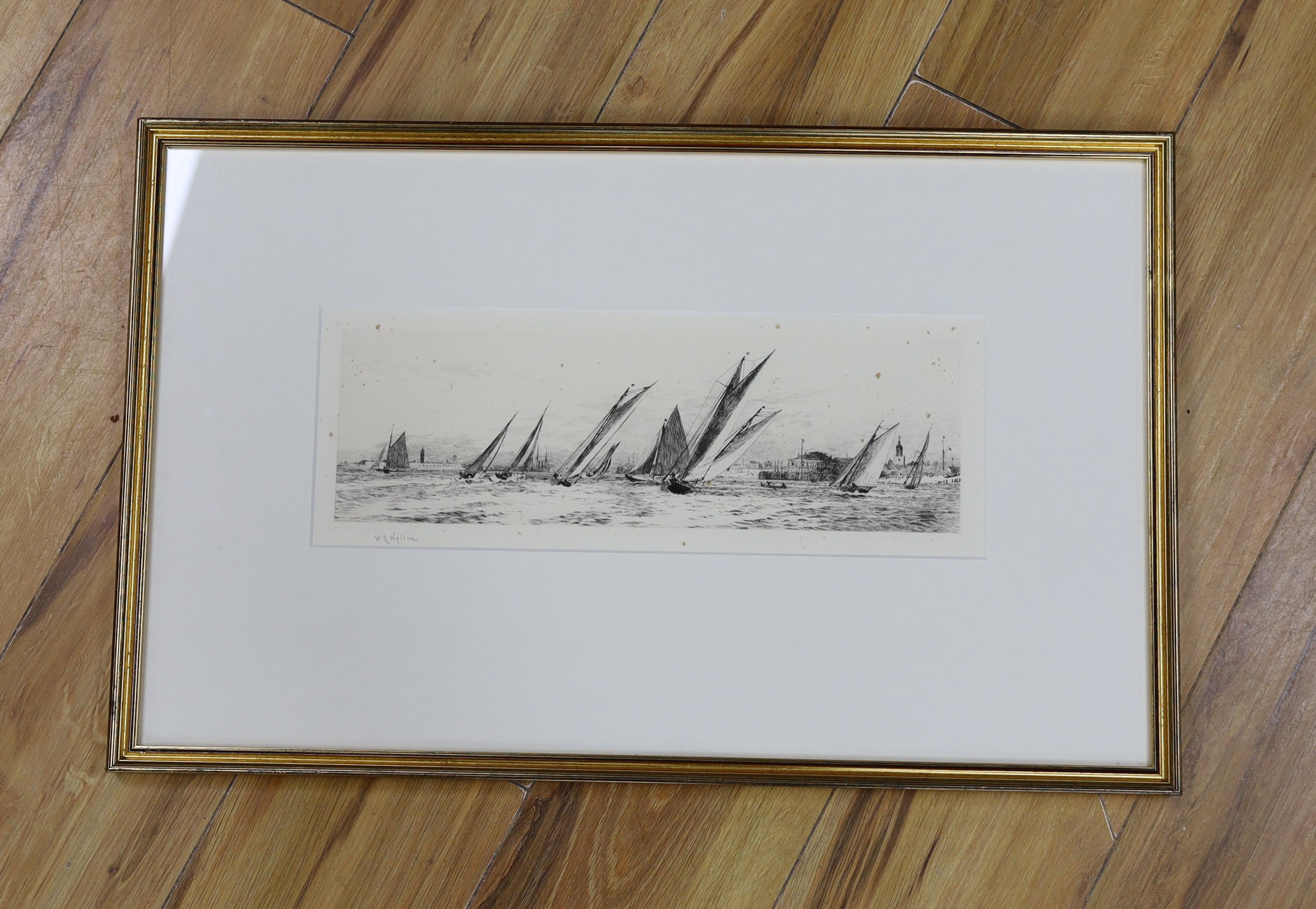 William Lionel Wyllie (1851-1931), etching, 'Yachts racing off Southsea', signed in pencil, 12 x 37cm